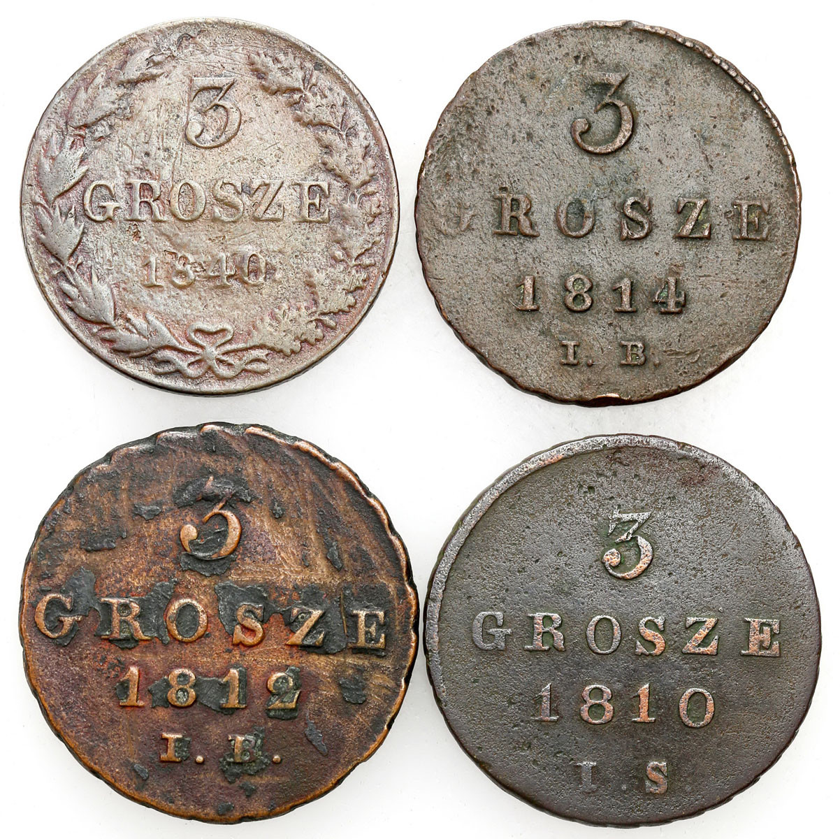 Polska XIX wiek, Księstwo Warszawskie. 3 grosze (trojak)  1810-1840, Warszawa, zestaw 4 monet